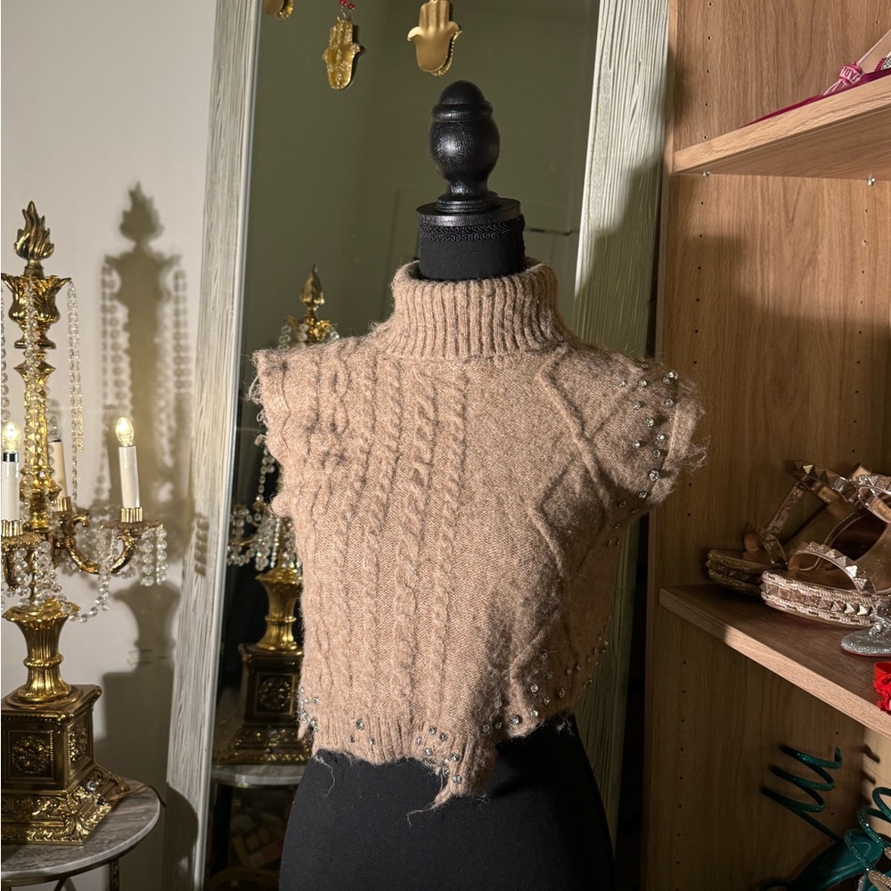 Zara Beige Turtleneck Sweater with Diamond Accents
